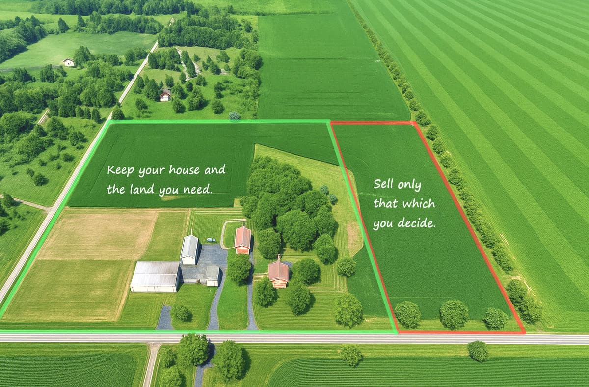 Aerial view of property with home — keep your house and the land you need, sell only what you decide